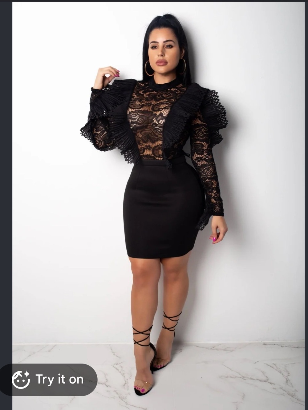 Fashion Nova Black Lace Ruffle-Shoulder Bodycon Mini Dress